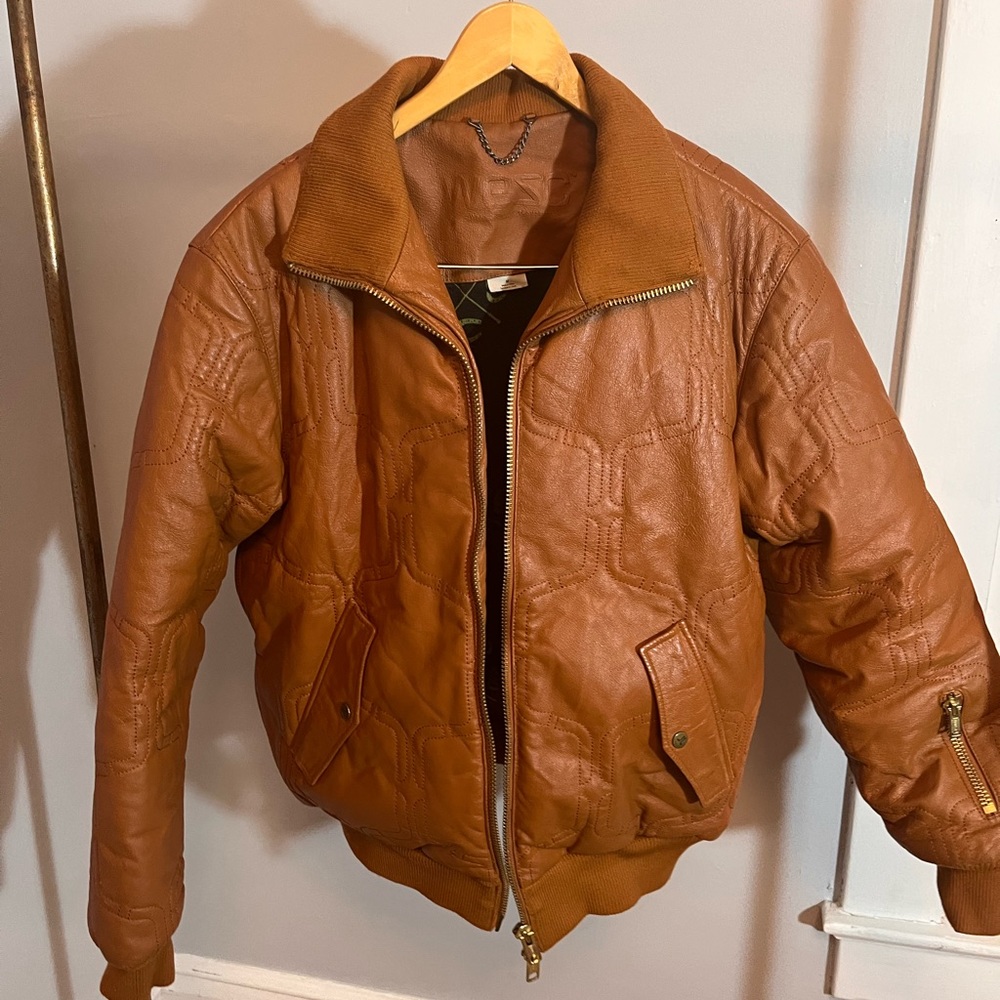 WeSC Men’s Brown Leather Goose Triple Down Bomber Moto Jacket Size Medium